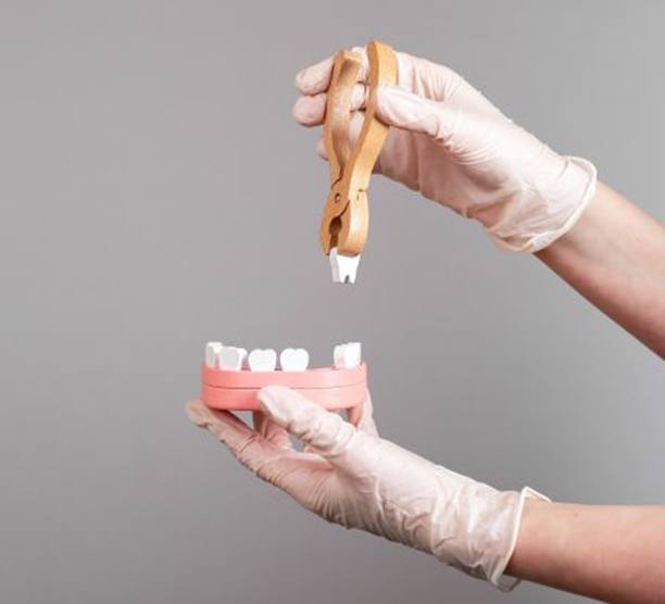 Gloved hands using model to demonstrate tooth extraction